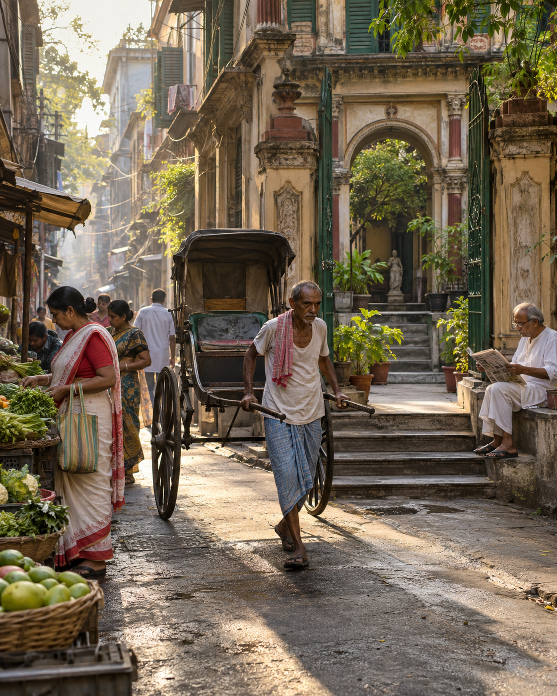 কলকাতার গলিতে রিকশা, বাজার ও পুরনো বাড়ির দৃশ্য