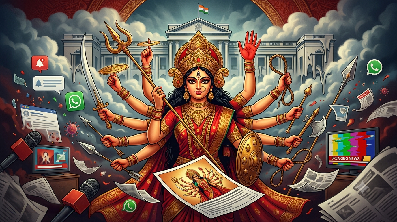 দুর্গার চারপাশে সংবাদপত্র, মাইক্রোফোন, টেলিভিশন ও সামাজিক যোগাযোগমাধ্যমের প্রতীক নিয়ে অলংকরণ।