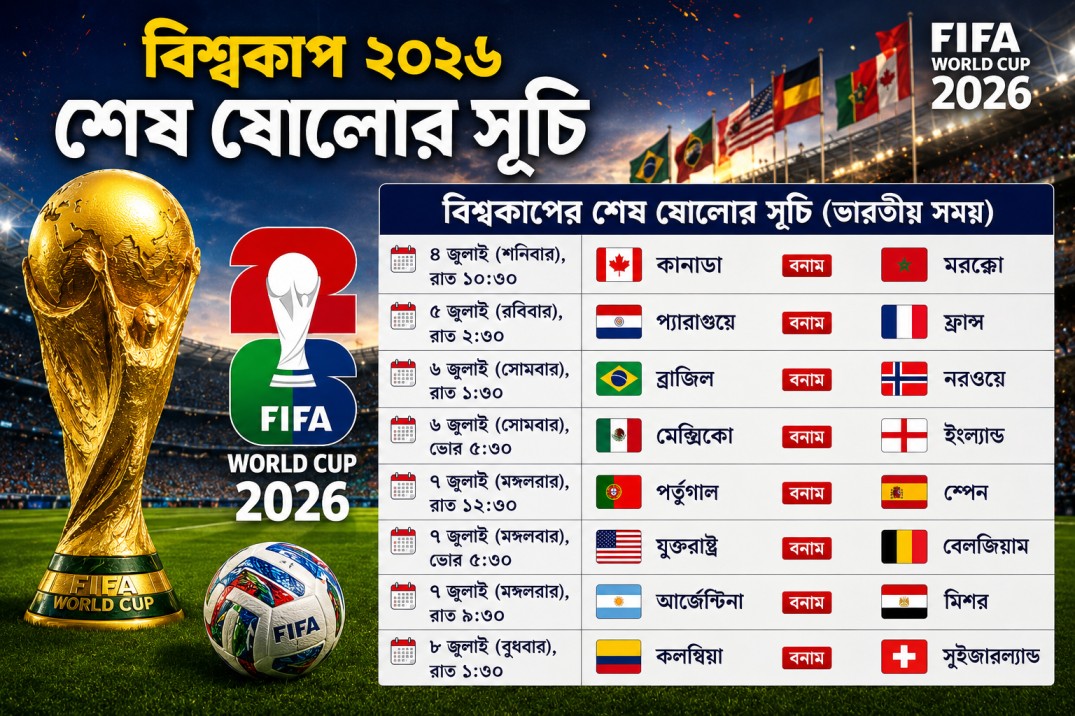 ফিফা বিশ্বকাপ ২০২৬: শেষ ষোলোর সূচি (ভারতীয় সময়)