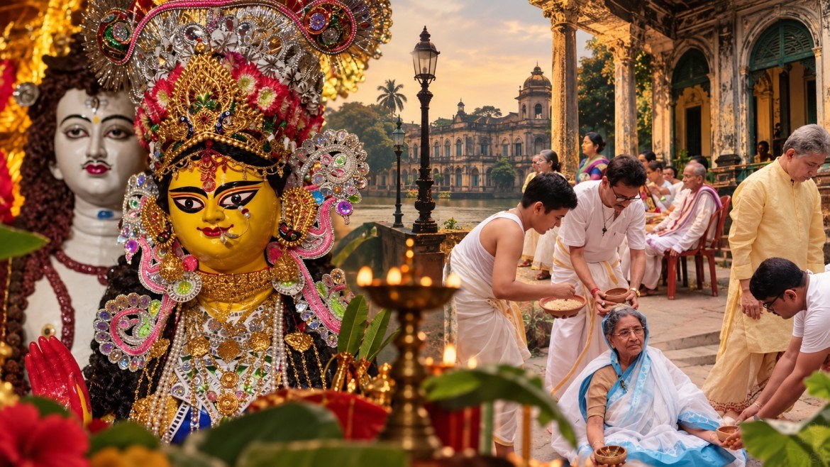 হুগলির চুঁচুড়ার বনেদি দুর্গাপুজোর ঐতিহ্য নিয়ে প্রতীকী কভার। একদিকে শিবের সঙ্গে হরগৌরী রূপে দেবীর প্রতিমা, অন্যদিকে প্রাচীন জমিদারবাড়ির আবহে পরিবারের সদস্যদের পুজোর আচার পালনের দৃশ্য।