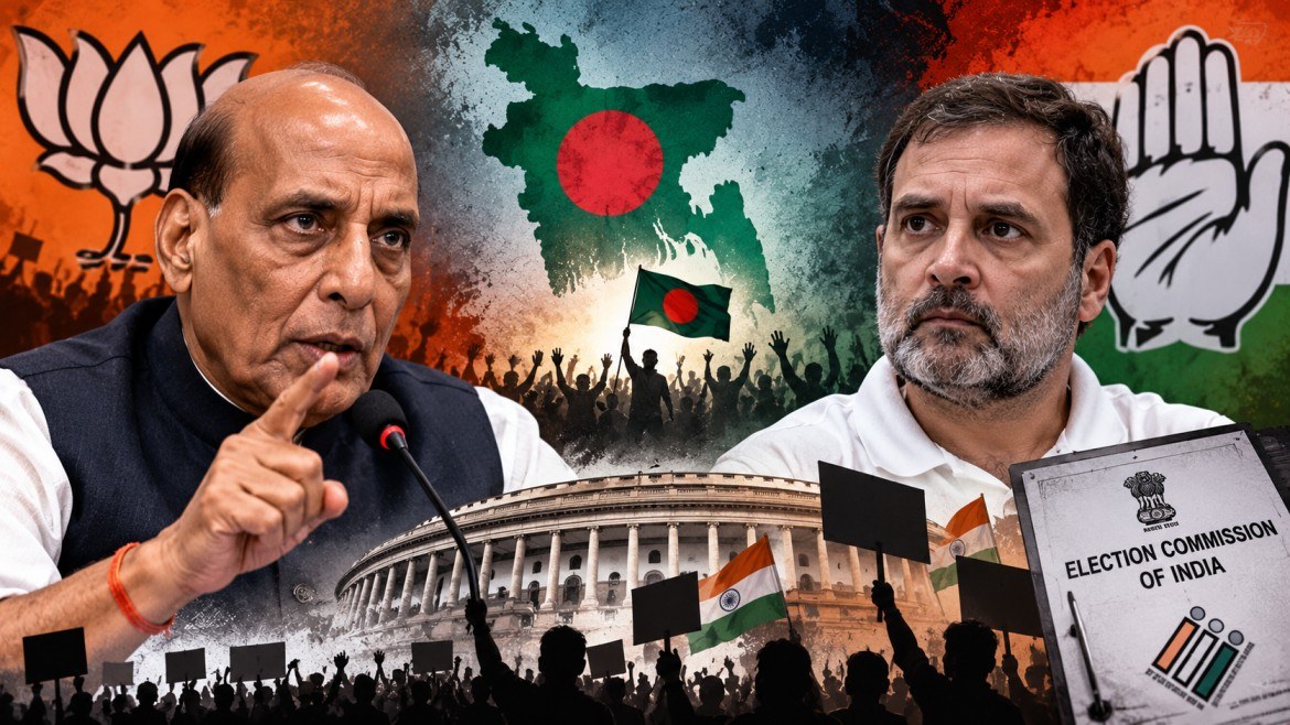 ভারতে ক্ষমতার পালাবদল নিয়ে রাজনাথ সিংহের অভিযোগের প্রতীকী সম্পাদকীয় কোলাজ। রাজনাথ সিংহ ও রাহুল গান্ধীর পৃথক প্রতিকৃতির সঙ্গে ভারতীয় সংসদ, বাংলাদেশের মানচিত্র এবং নির্বাচন সংক্রান্ত নথির প্রতীকী উপস্থাপনা।