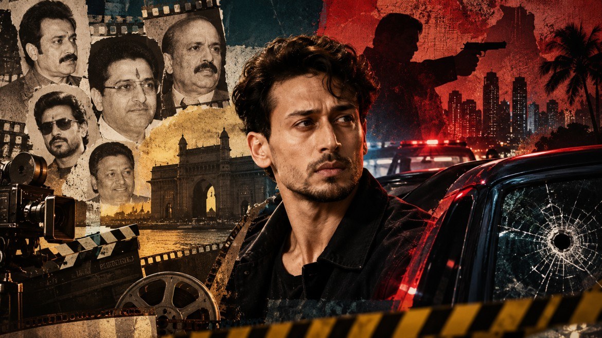 মুম্বইয়ে টাইগার শ্রফকে লক্ষ্য করে গুলিচালনার খবরের প্রেক্ষাপটে বলিউড ও অপরাধজগতের দীর্ঘ সম্পর্কের প্রতীকী কোলাজ। টাইগার শ্রফের প্রতিকৃতি, পুরনো চলচ্চিত্র ব্যক্তিত্বদের ছবি, বন্দুকধারীর ছায়া ও গুলিবিদ্ধ গাড়ির কাচ।