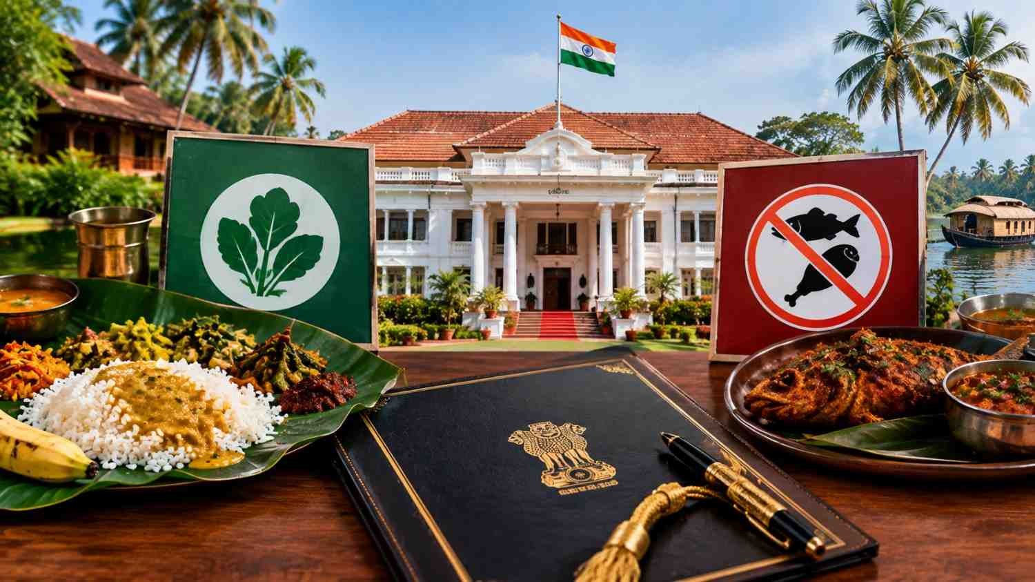 প্রতীকী ছবি: কেরলের রাজ্যপালের নিরামিষ খাবারের নির্দেশ ঘিরে বিতর্ক বোঝাতে নিরামিষ পদ ও রান্নাঘরের সামগ্রী সাজানো রয়েছে।