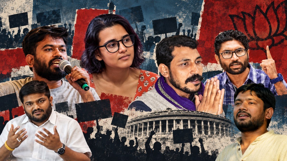 বিজেপি-বিরোধী আন্দোলন থেকে উঠে আসা নেহা বোরা, অভিজিৎ দীপকে, কানহাইয়া কুমার, হার্দিক পটেল, জিগ্নেশ মেবাণী ও চন্দ্রশেখর আজাদের প্রতিকৃতি নিয়ে তৈরি প্রতীকী কোলাজ। পটভূমিতে প্রতিবাদী জনতা, সংসদ ভবন ও বিজেপির পদ্ম প্রতীক।