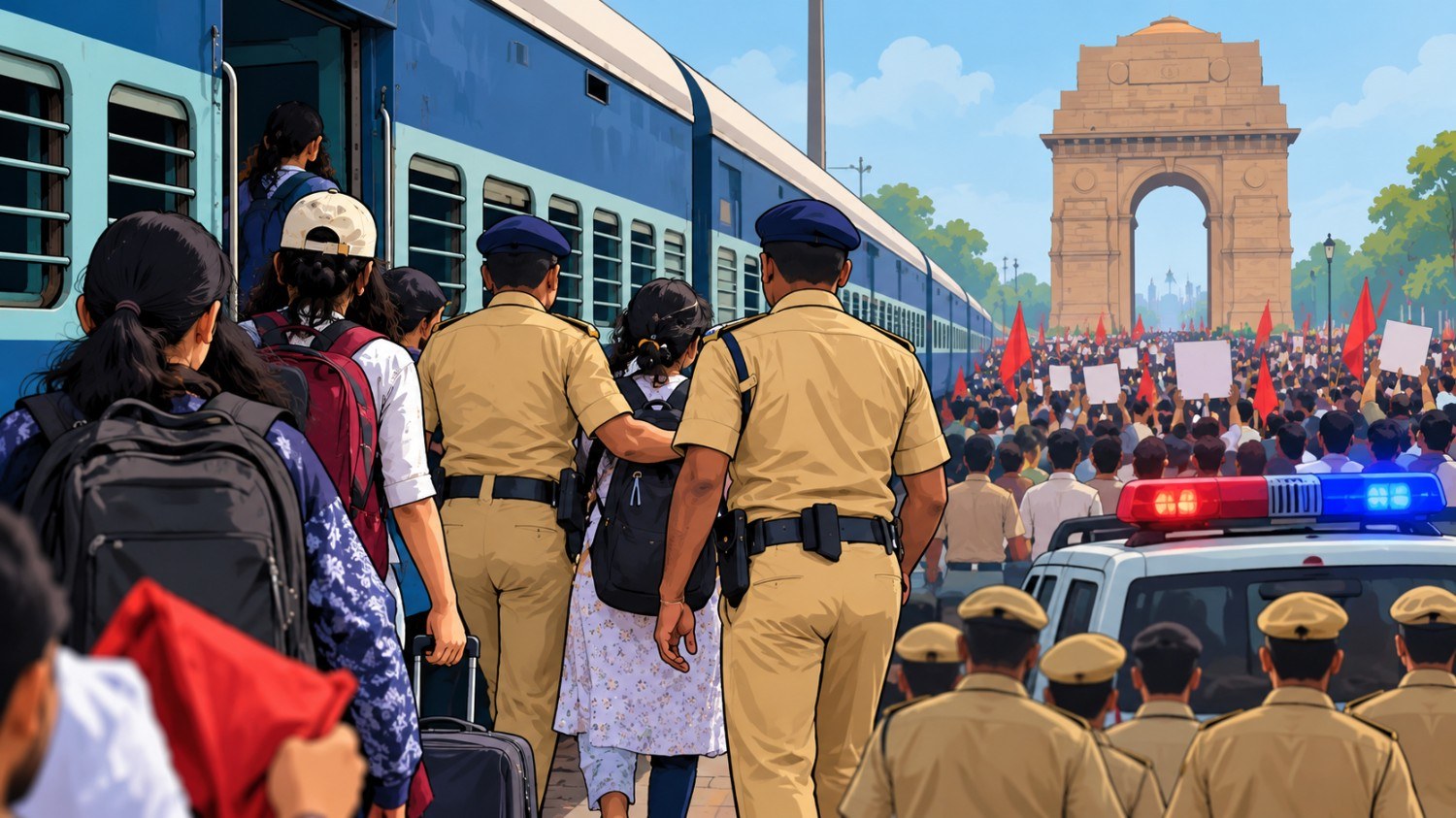 দিল্লির যন্তরমন্তরে ভোটার তালিকার বিশেষ নিবিড় সংশোধনের বিরুদ্ধে বিক্ষোভে যোগ দিতে যাওয়া আন্দোলনকারীদের ট্রেন থেকে নামিয়ে আটক করছে পুলিশ