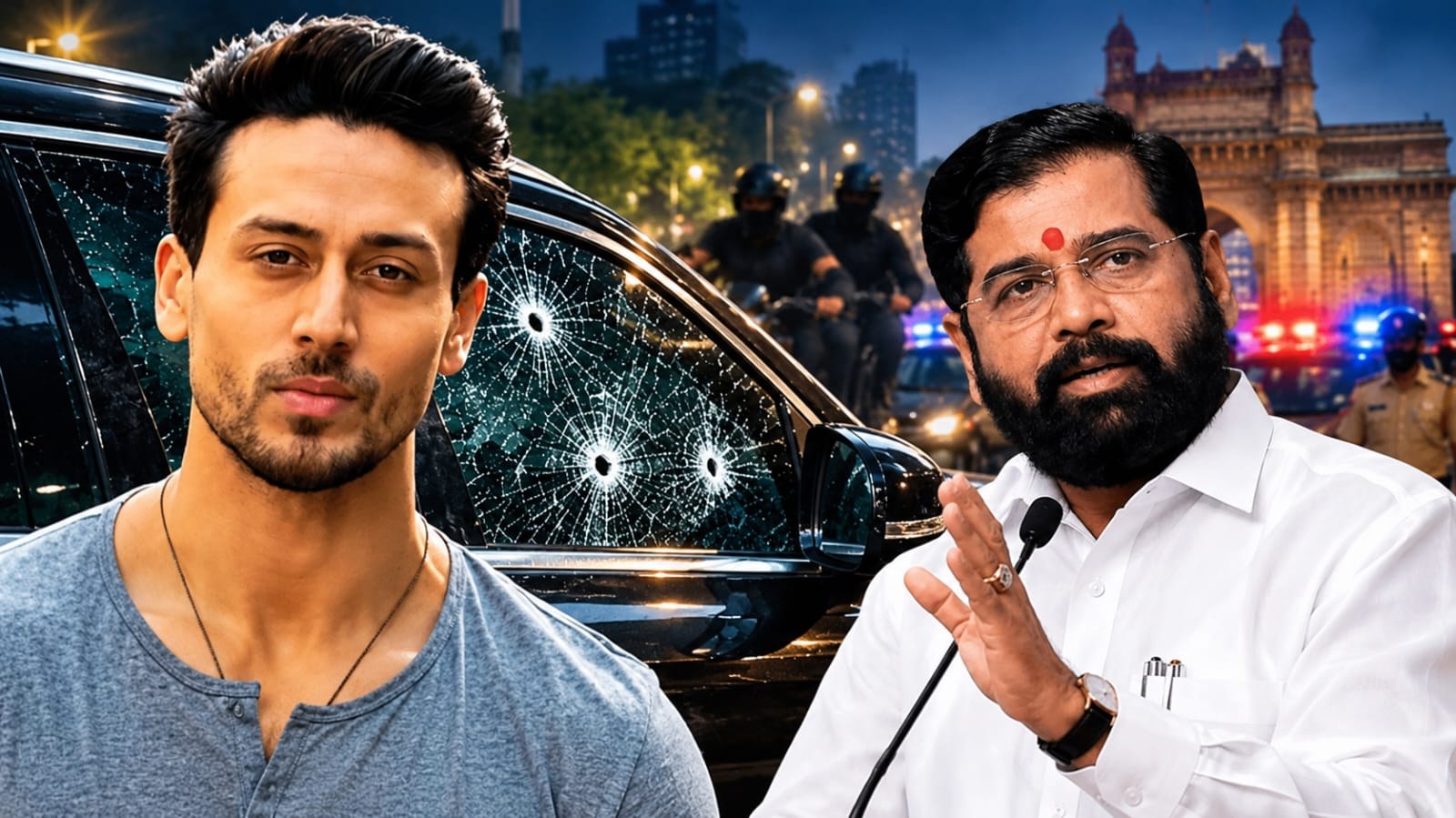 প্রতীকী ছবি: টাইগার শ্রফের সামনে গুলিবিদ্ধ গাড়ি এবং মুম্বইয়ের উপমুখ্যমন্ত্রী একনাথ শিন্ডে।