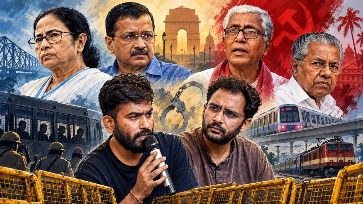 মমতা বন্দ্যোপাধ্যায়, অরবিন্দ কেজরিওয়াল, পিনারাই বিজয়ন, মানিক সরকার এবং সিজেপি নেতাদের নিয়ে দিল্লির বিক্ষোভ-পরবর্তী রাজনৈতিক টানাপোড়েনের প্রতীকী কভার ছবি; পটভূমিতে পুলিশি আটক, ব্যারিকেড, হাতকড়া, মেট্রো ও ট্রেনের চিত্র।